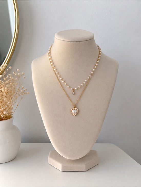 unbrand Jewelry - Layered Pearl Necklace Gold Heart Pendant Dainty Elegant Jewelry Gift